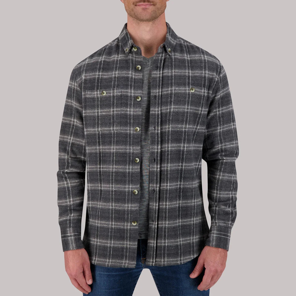 Report Collection Charcoal Grey Plaid Recycled Flannel Overshirt/0716